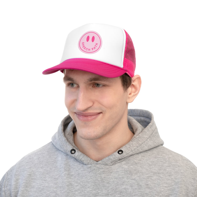 hot pink smiley speech path trucker hat