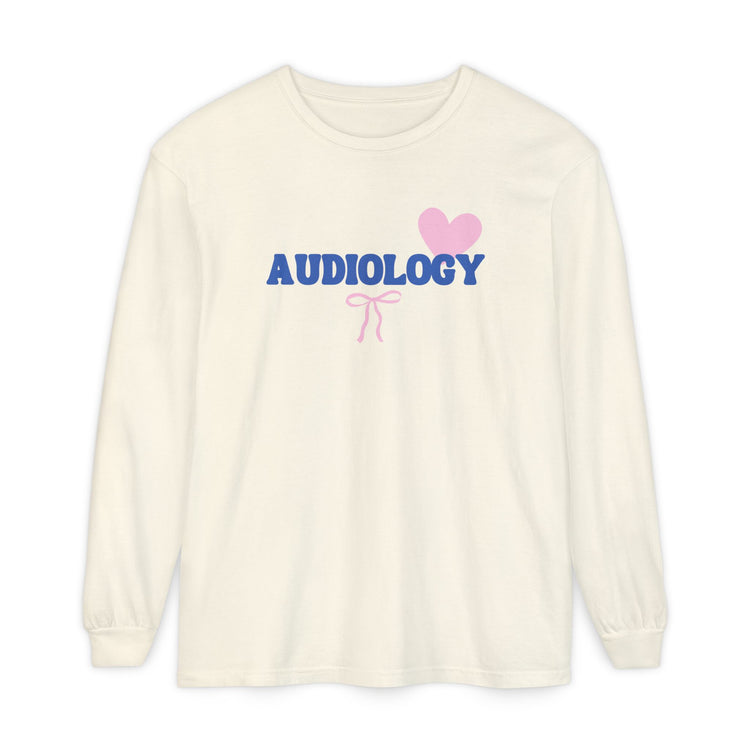 audiology heart + bow comfort colors long sleeve tee