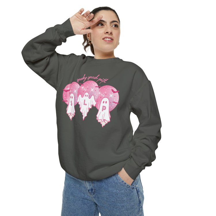 spooky speech pink disco ghosts comfort colors crewneck