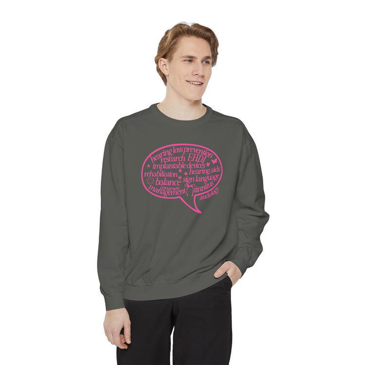 pink audiology scope speech bubble comfort colors crewneck