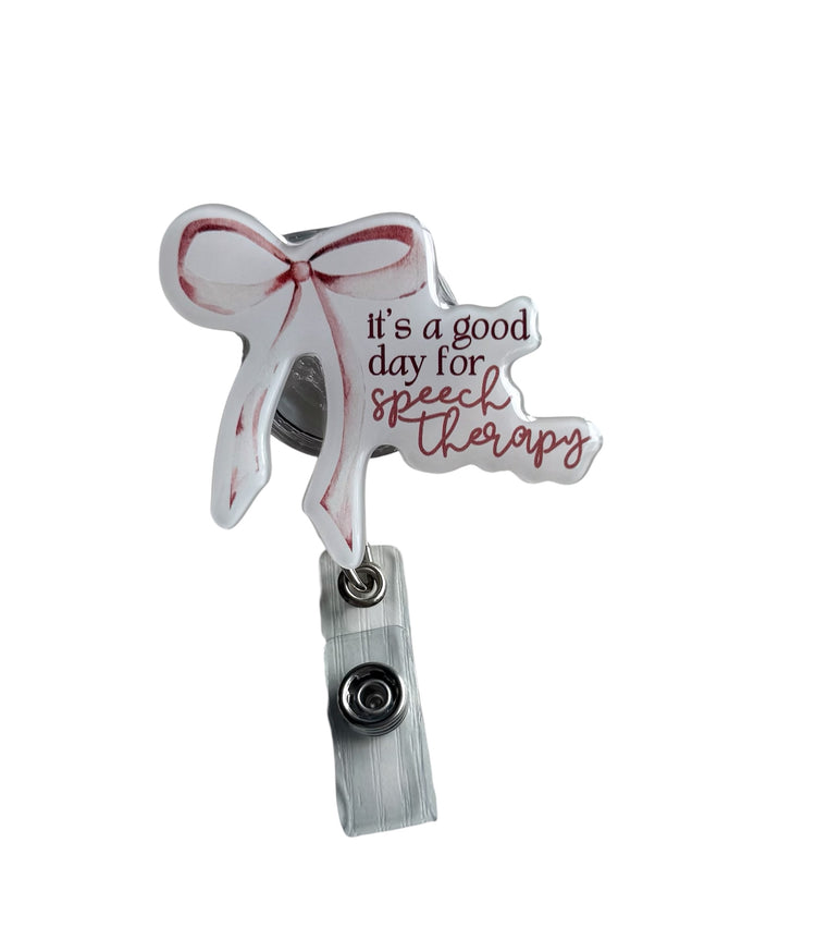 brown bow it’s a good day for speech badge reel