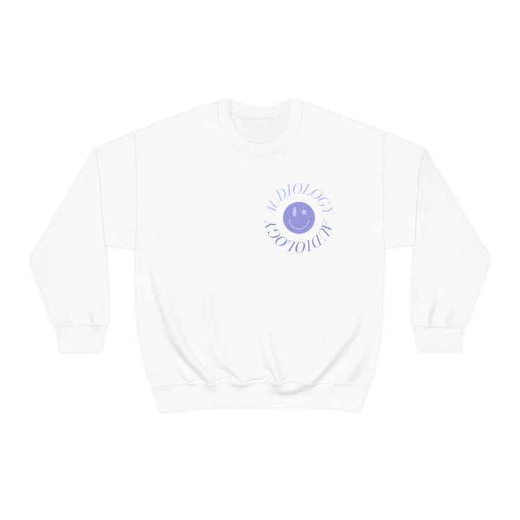 audiology purple smiley crewneck