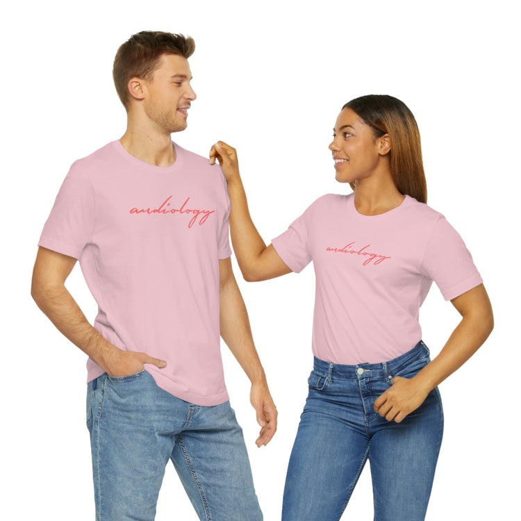 pink cursive audiology short sleeve tee