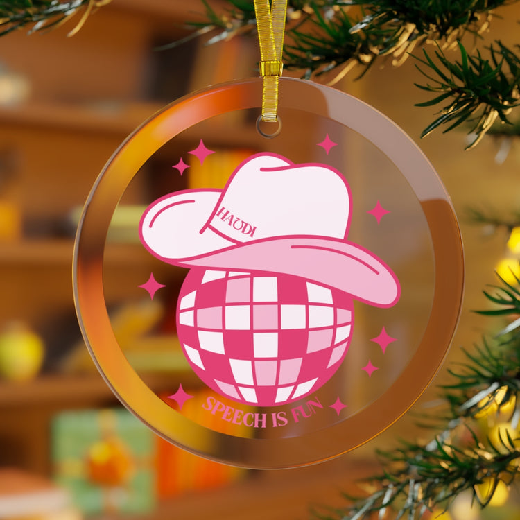 cowboy disco speech is fun glass ornament