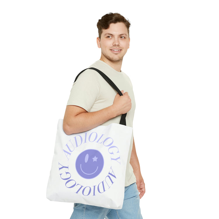 audiology smiley purple tote bag