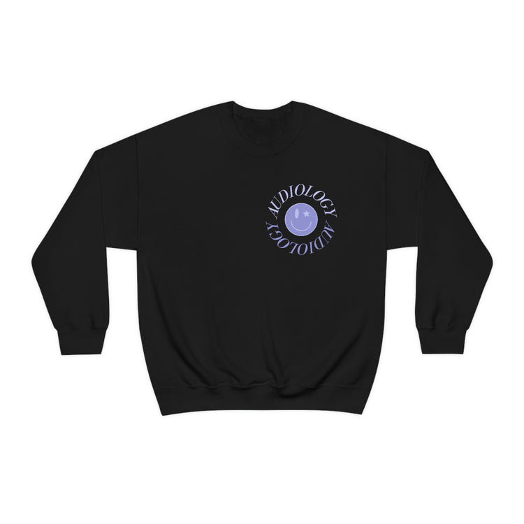 audiology purple smiley crewneck