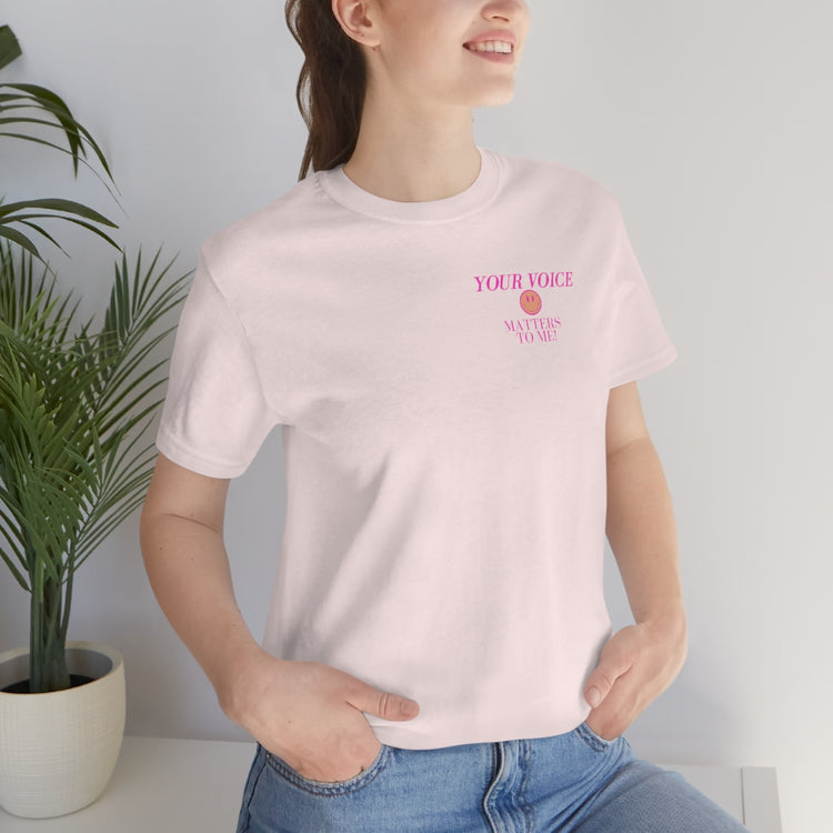 your voice matters smiley SLP short sleeve tee