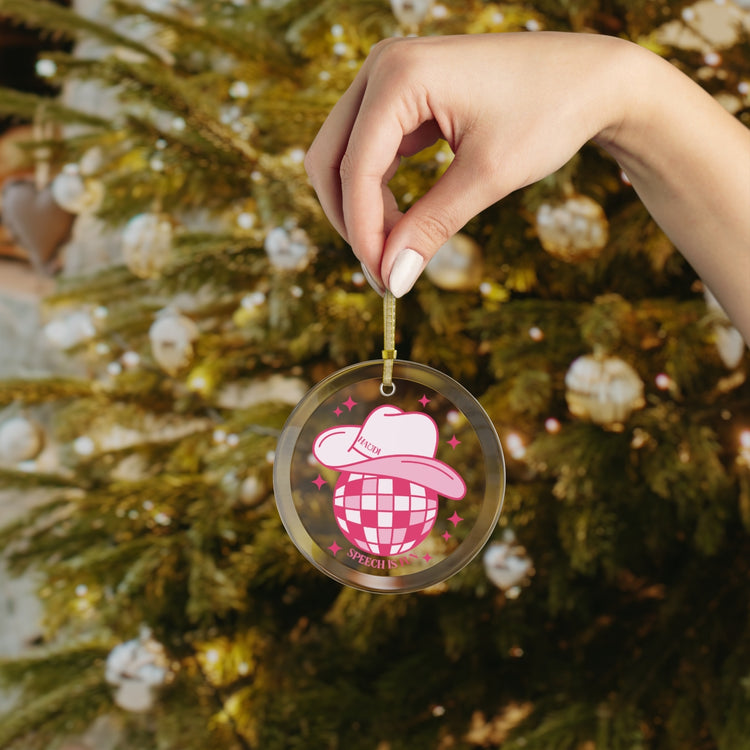 cowboy disco speech is fun glass ornament
