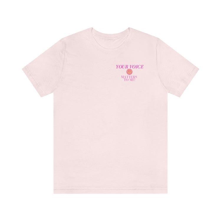 your voice matters smiley SLP short sleeve tee