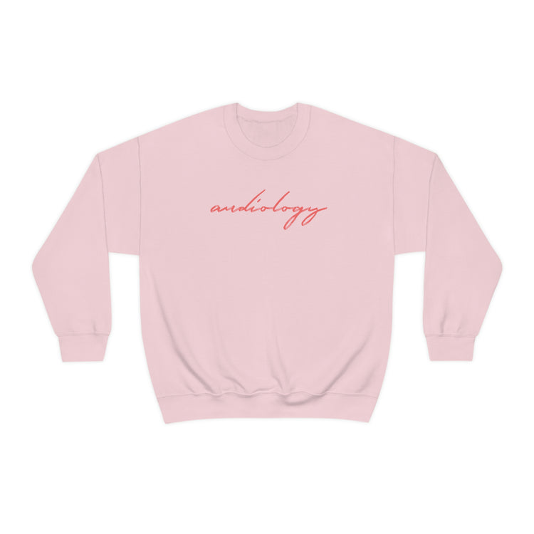 pink cursive audiology crewneck