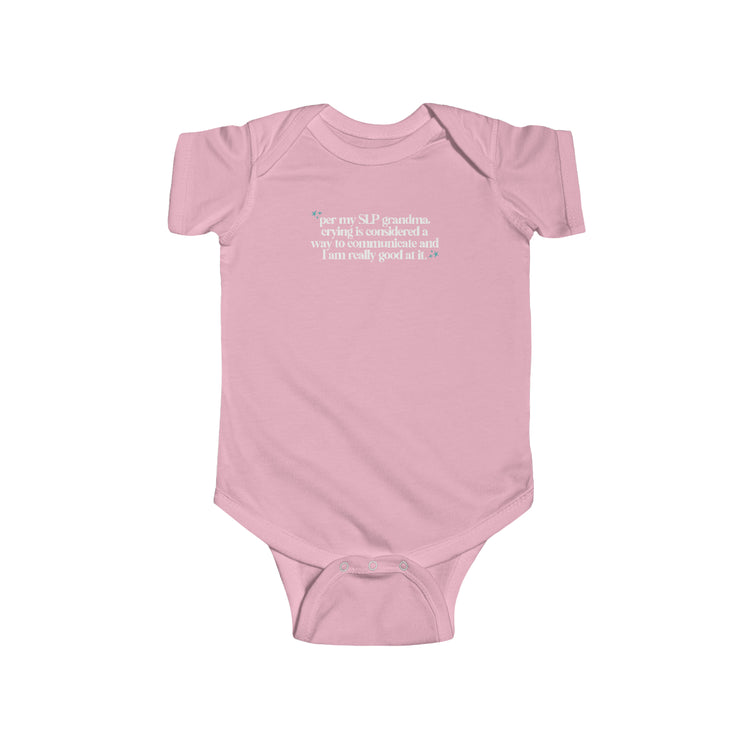 SLP grandma jersey fit onesie - crying is communication