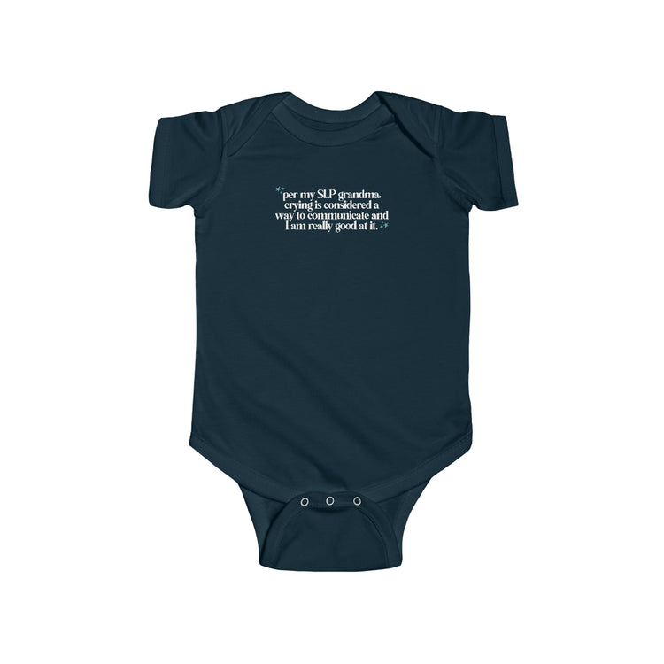 SLP grandma jersey fit onesie - crying is communication