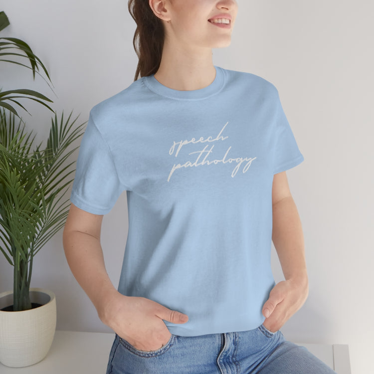 blue cursive speech pathology short sleeve tee
