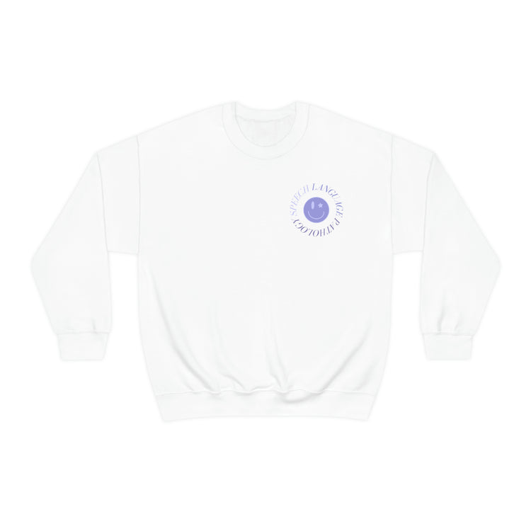 speech language pathology purple smiley crewneck