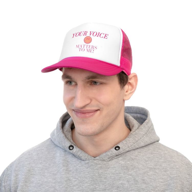 hot pink your voice matters smiley trucker hat