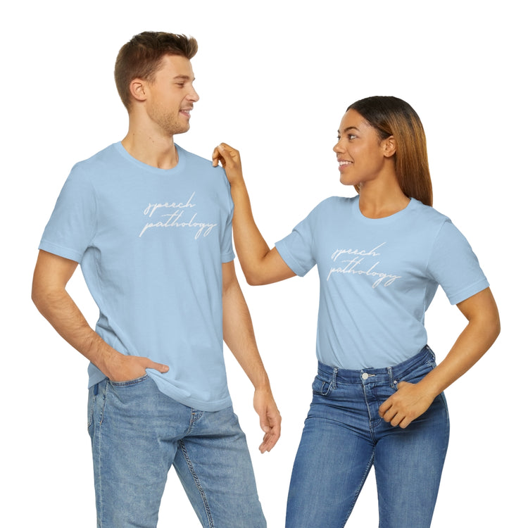blue cursive speech pathology short sleeve tee