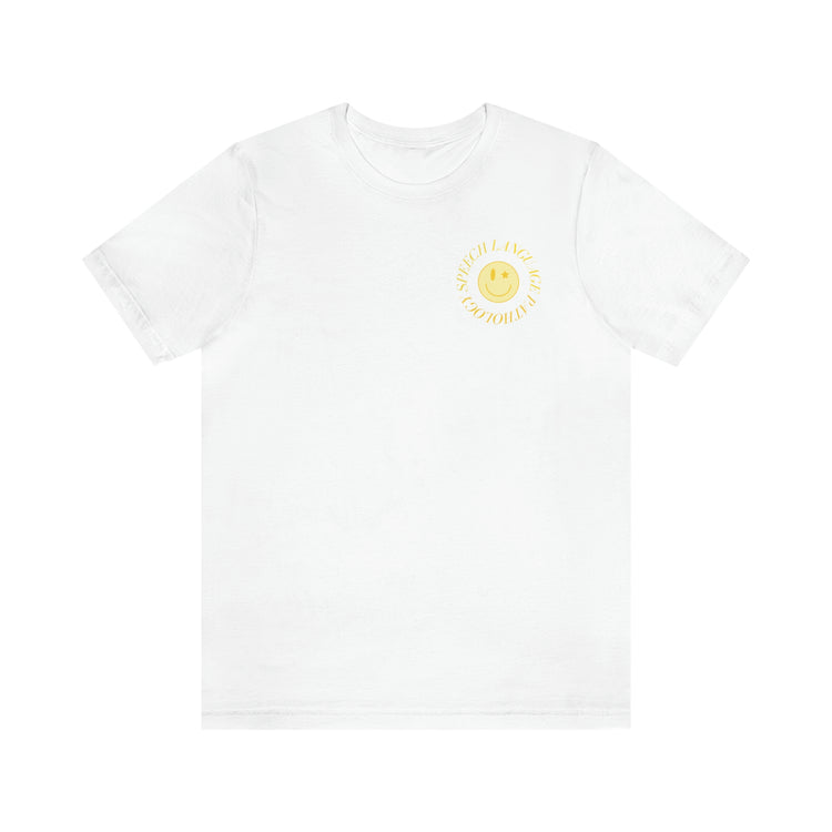 speech language pathology yellow smiley short sleeve