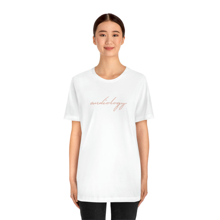neutral cursive audiology short sleeve tee