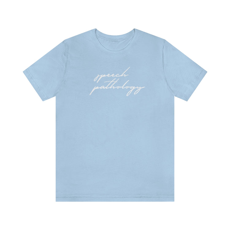 blue cursive speech pathology short sleeve tee