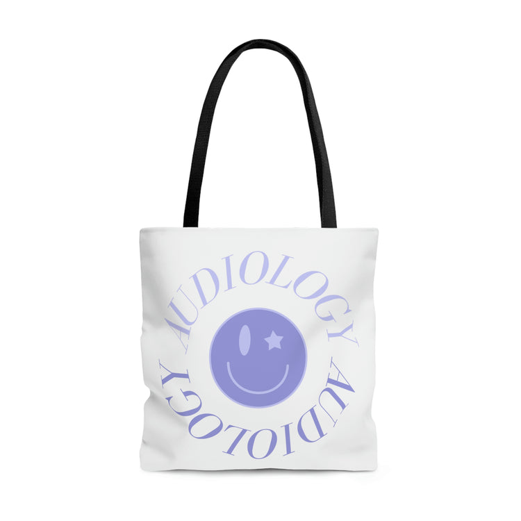 audiology smiley purple tote bag