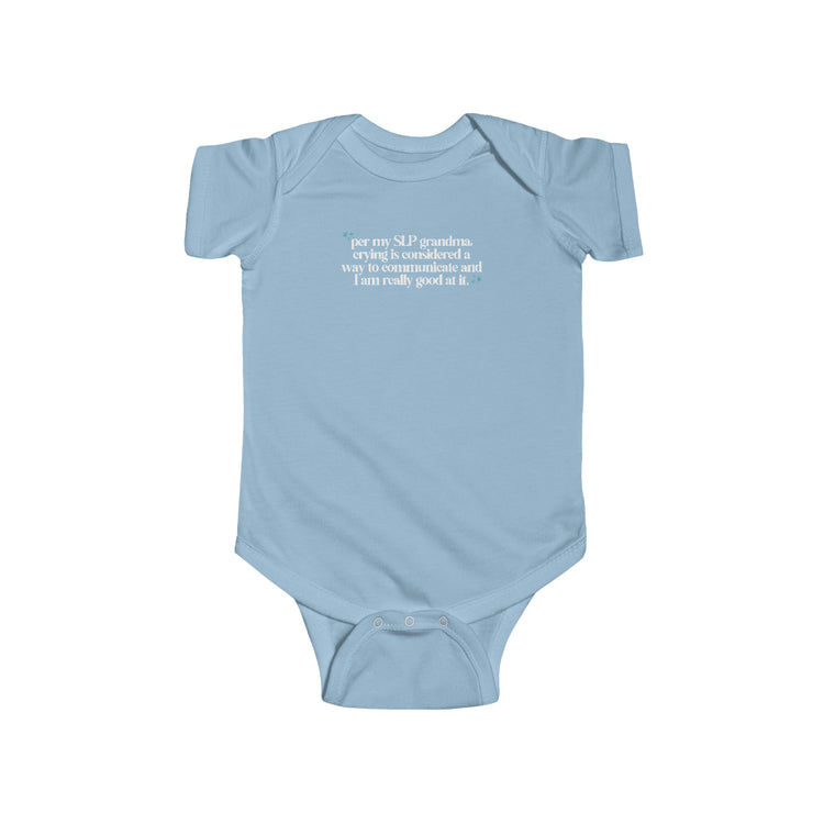 SLP grandma jersey fit onesie - crying is communication