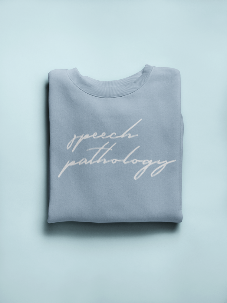 blue cursive speech pathology crewneck