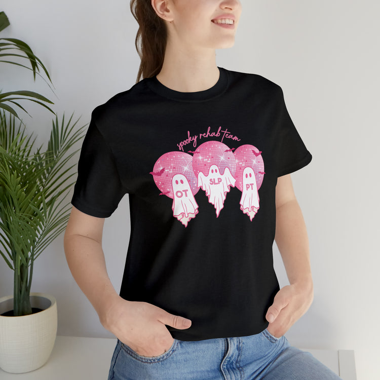 spooky rehab team pink disco ghosts short sleeve tee