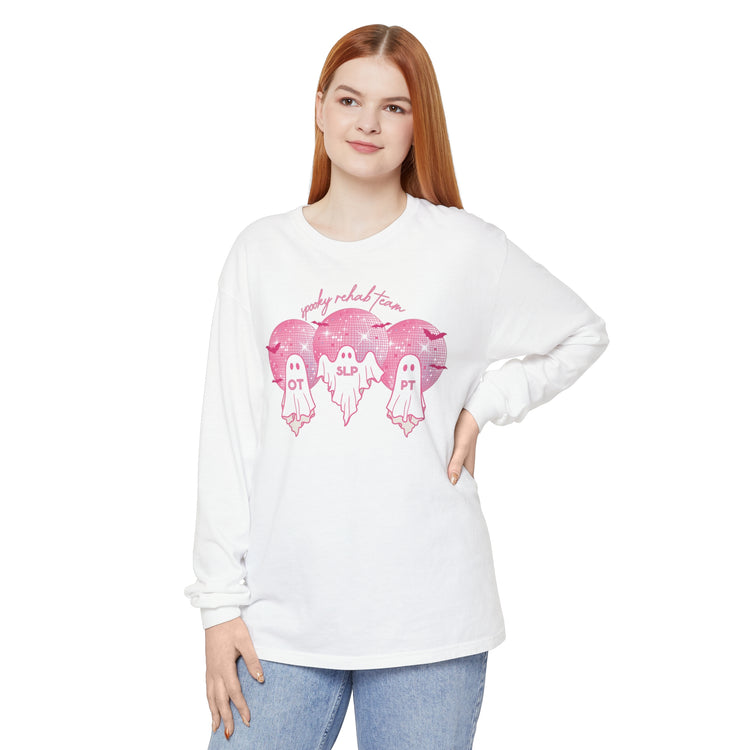 spooky disco ghosts rehab team comfort colors long sleeve tee