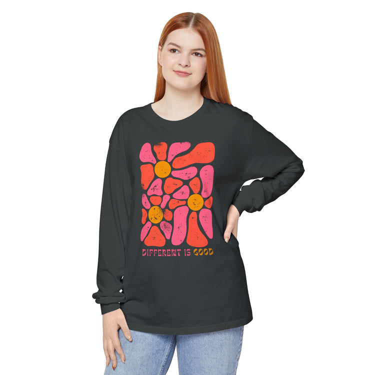 different is good retro flower comfort colors long sleeve tee