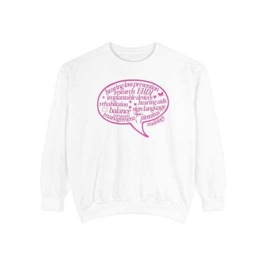 pink audiology scope speech bubble comfort colors crewneck