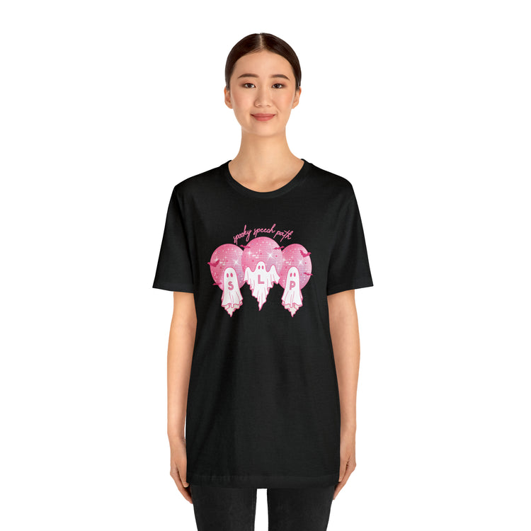 spooky speech pink disco ghosts short sleeve tee