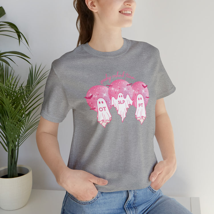 spooky rehab team pink disco ghosts short sleeve tee