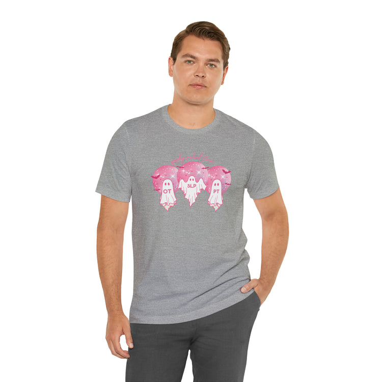 spooky rehab team pink disco ghosts short sleeve tee