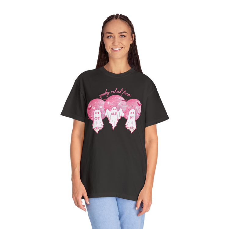 spooky rehab team pink disco ghosts comfort colors tee