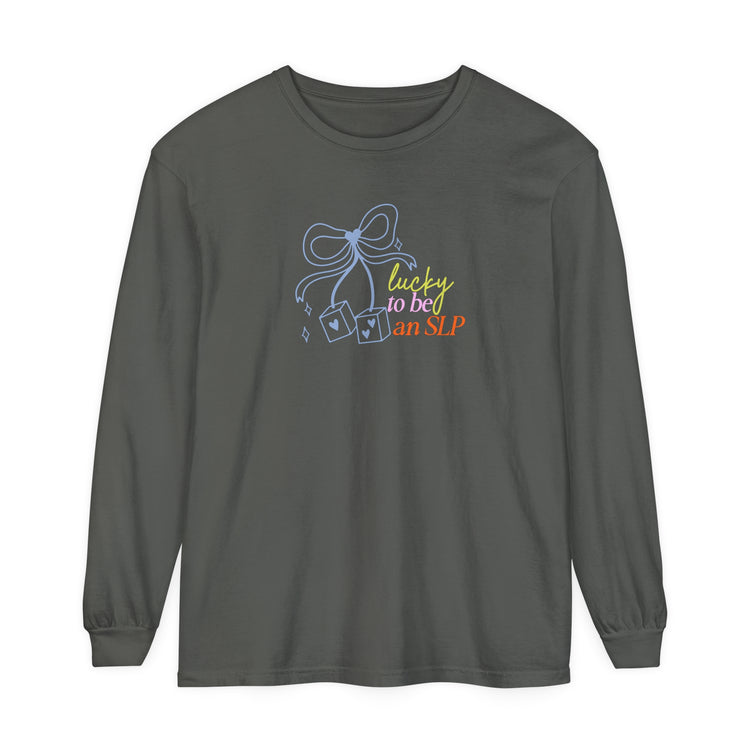 lucky to be an slp comfort colors long sleeve tee