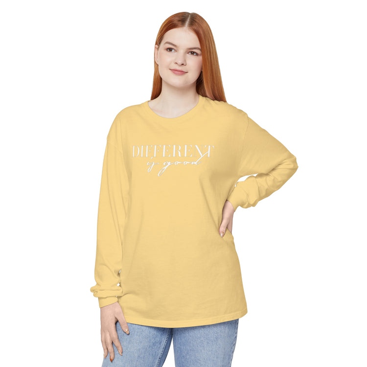 different is good cursive comfort colors long sleeve tee