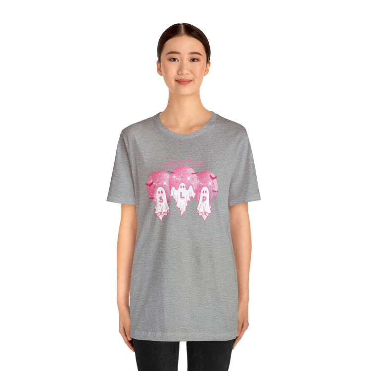 spooky speech pink disco ghosts short sleeve tee