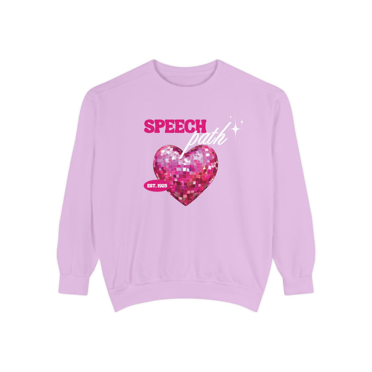 speech path disco heart comfort colors crewneck