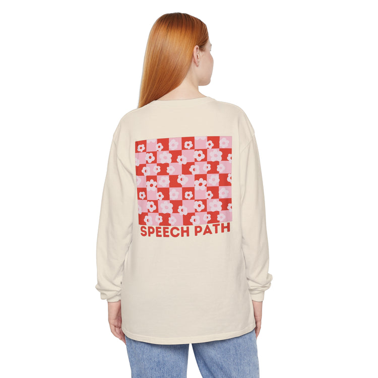 speech path red flowers comfort colors long sleeve tee