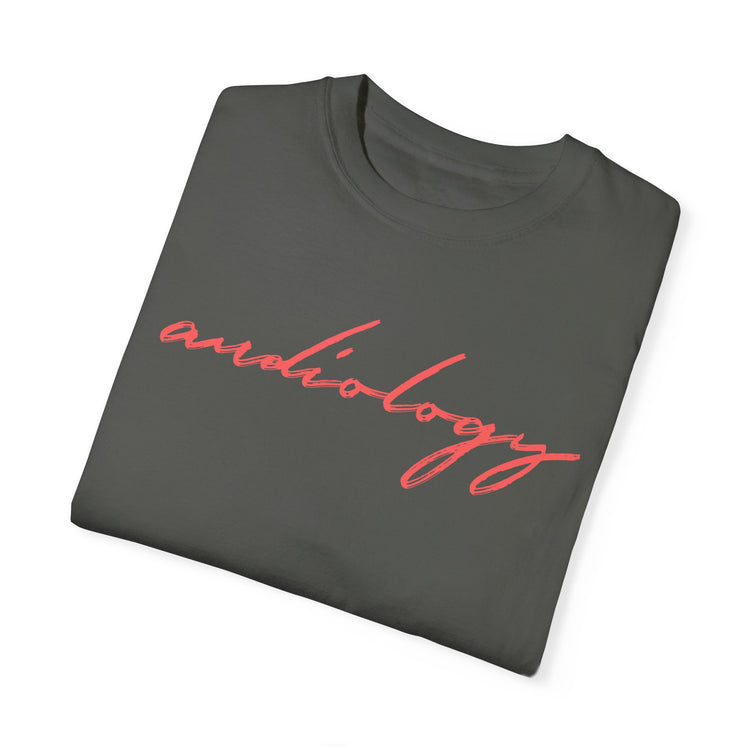 red cursive audiology comfort colors tee