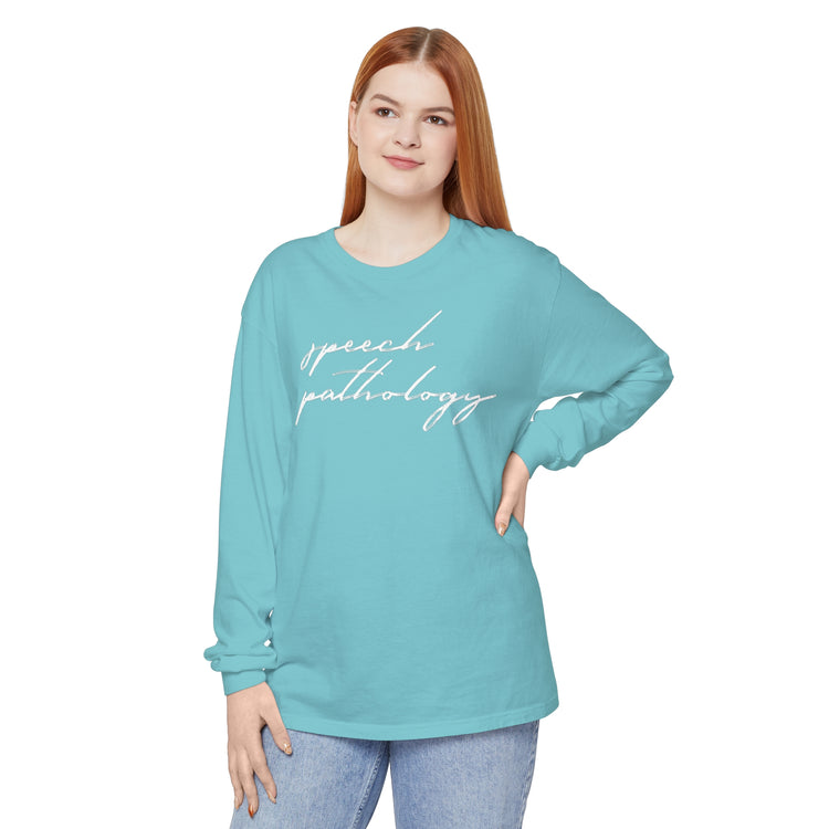 speech pathology cursive comfort colors long sleeve tee