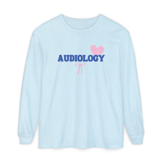 audiology heart + bow comfort colors long sleeve tee