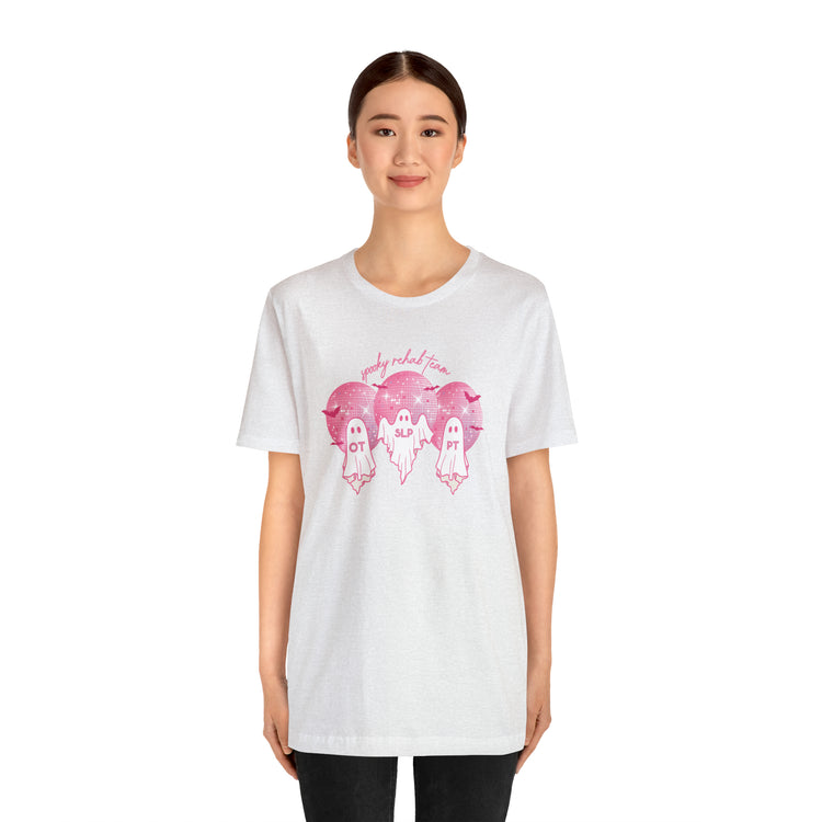 spooky rehab team pink disco ghosts short sleeve tee