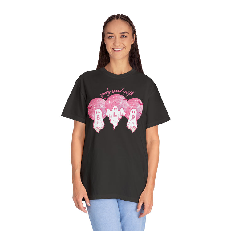 spooky speech pink disco ghosts comfort colors tee