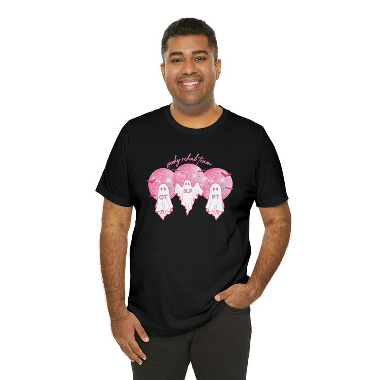 spooky rehab team pink disco ghosts short sleeve tee