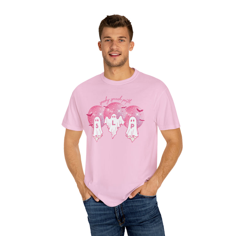 spooky speech pink disco ghosts comfort colors tee