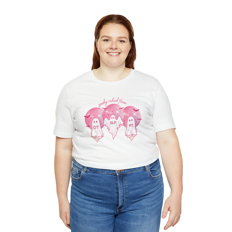 spooky rehab team pink disco ghosts short sleeve tee