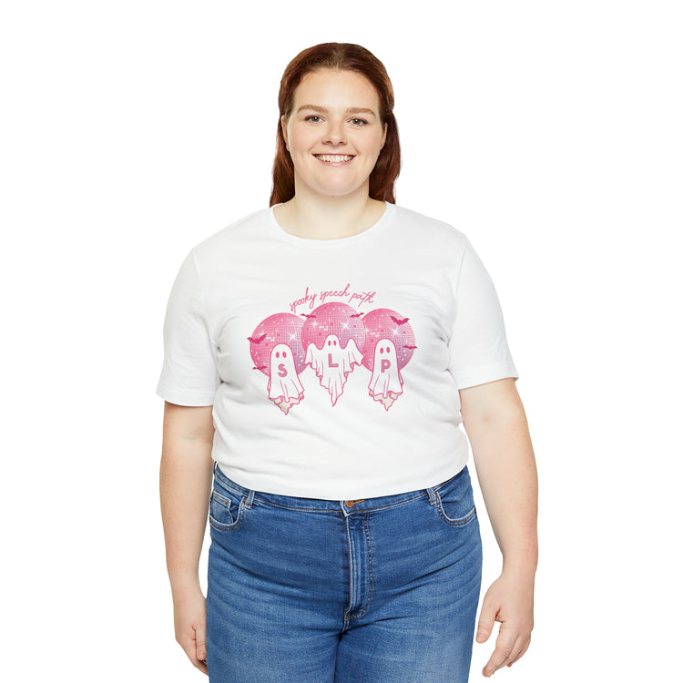 spooky speech pink disco ghosts short sleeve tee