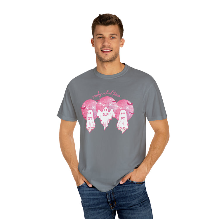 spooky rehab team pink disco ghosts comfort colors tee