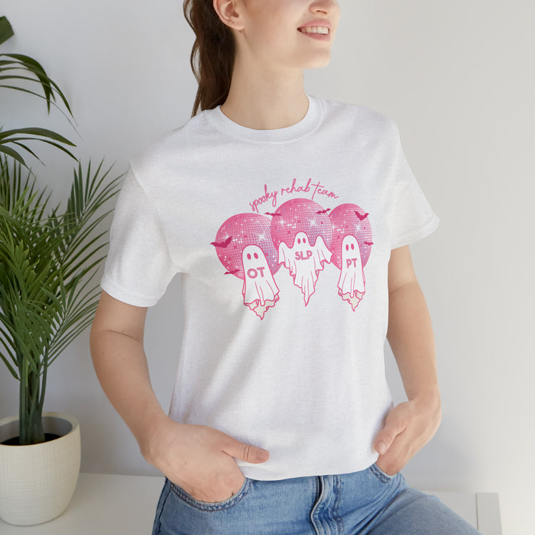 spooky rehab team pink disco ghosts short sleeve tee